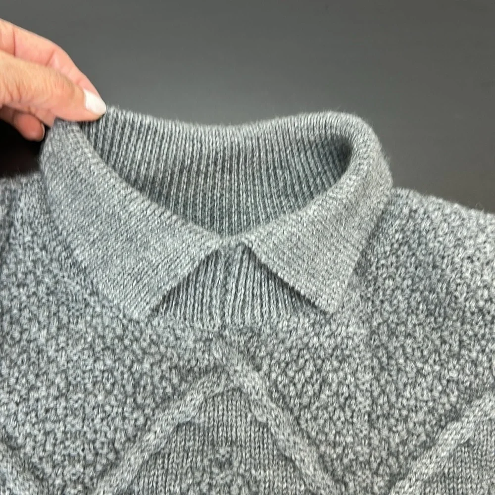 Vintage Gray 100% Pure New Wool Cable Knit Sweater L Fold Over Collar Preppy‎